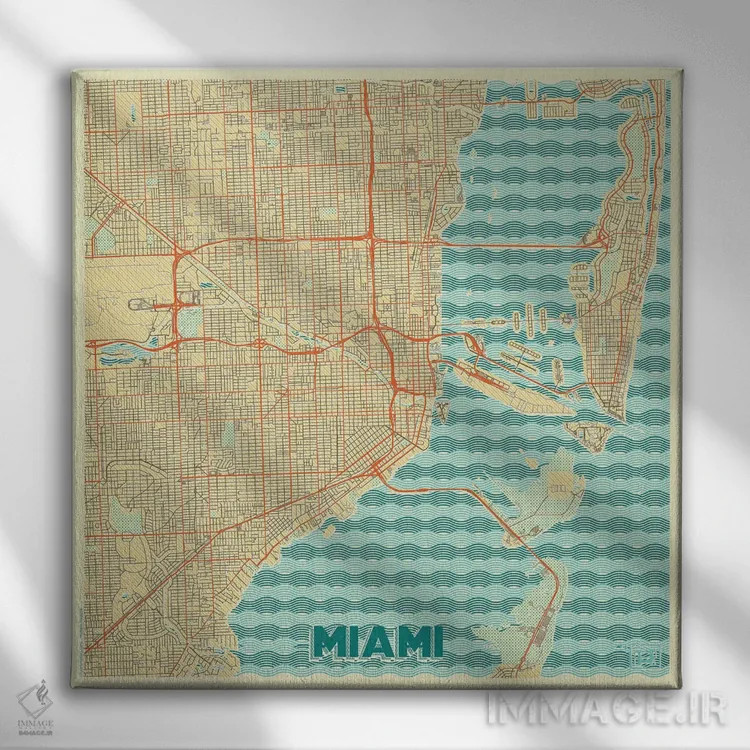تابلو نقشه شهری میامی با طراحی رترو اثر هوبرت روگوسکی - نمای روبهرو روی دیوار
