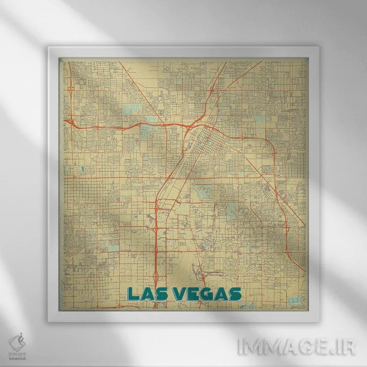 تابلو نقشه شهری لاس وگاس با طراحی رترو اثر هوبرت روگوسکی - نمای قابدار سفید