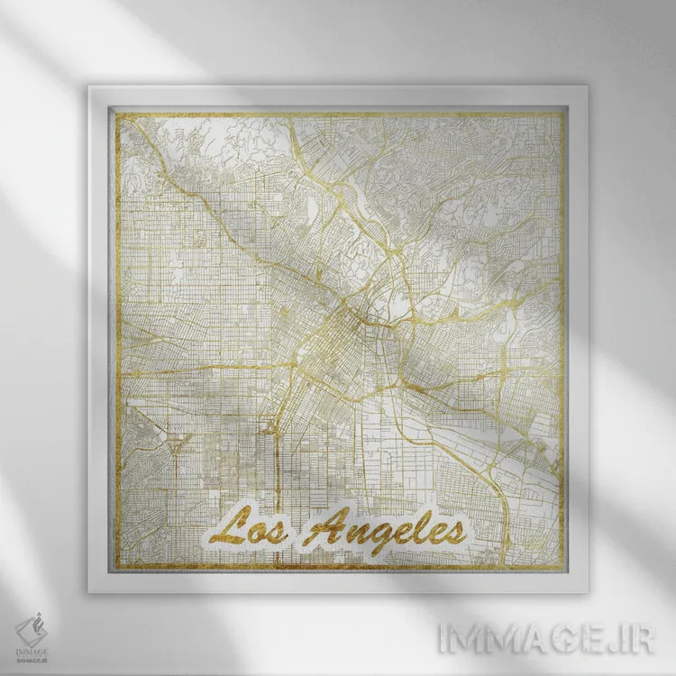 تابلو نقشه شهری لس آنجلس با ورق طلا اثر هوبرت روگوسکی - نمای قابدار سفید