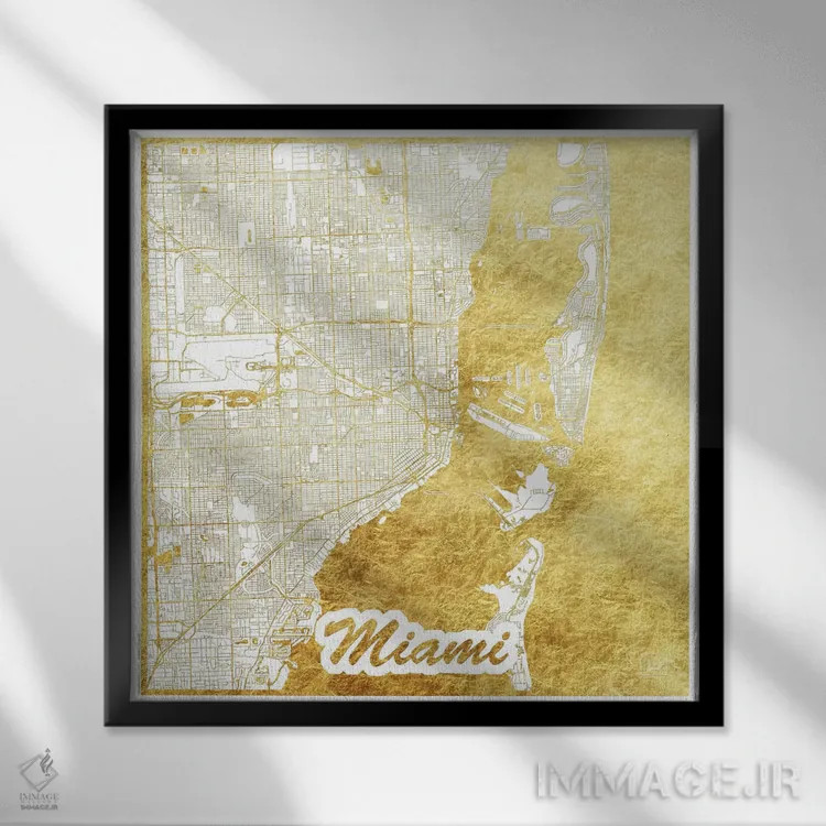 تابلو نقشه شهری میامی با ورق طلا اثر هوبرت روگوسکی - نمای قابدار مشکی