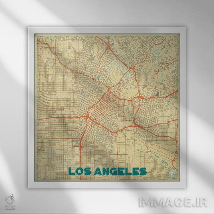 تابلو نقشه شهری لس آنجلس با طراحی رترو اثر هوبرت روگوسکی - نمای قابدار سفید