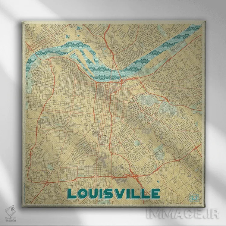 تابلو نقشه شهری لوئیزویل با طراحی رترو اثر هوبرت روگوسکی - نمای روبهرو روی دیوار
