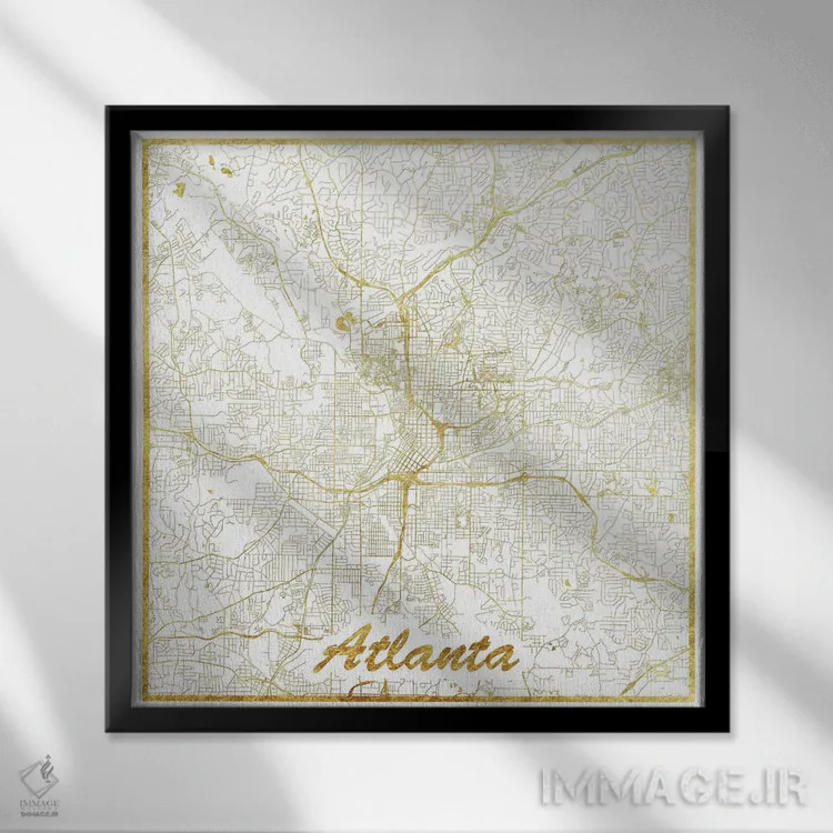 تابلو نقشه شهری آتلانتا با ورق طلا اثر هوبرت روگوسکی - نمای قابدار مشکی