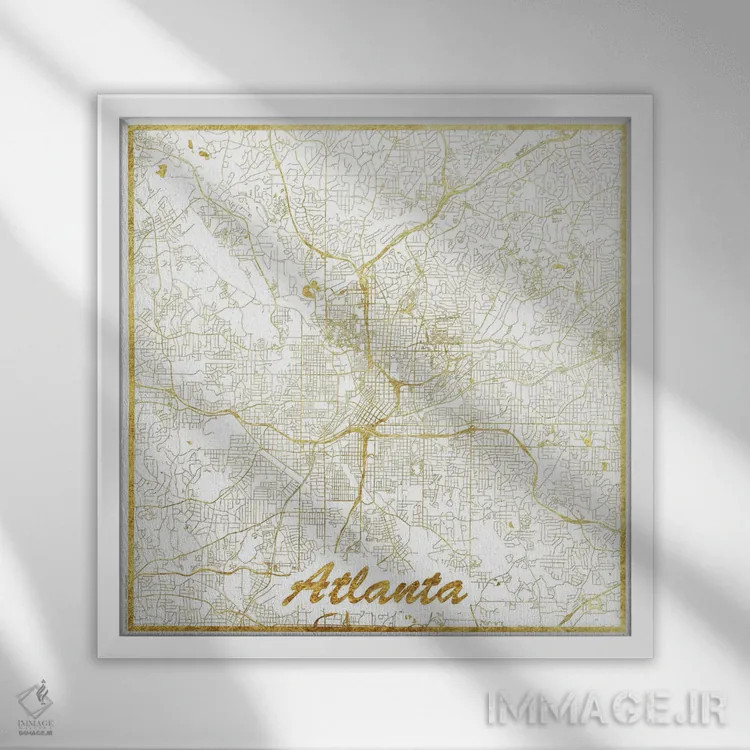 تابلو نقشه شهری آتلانتا با ورق طلا اثر هوبرت روگوسکی - نمای قابدار سفید
