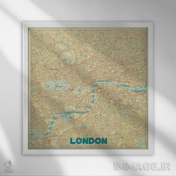 تابلو نقشه شهری لندن با طراحی رترو اثر هوبرت روگوسکی - نمای قابدار سفید