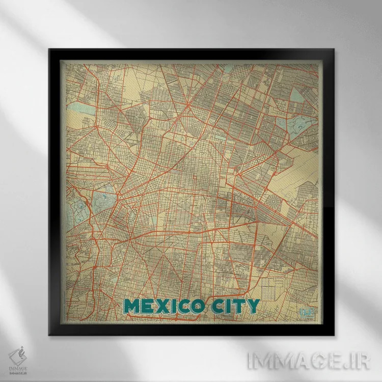 تابلو نقشه شهری مکزیکوسیتی با طراحی رترو اثر هوبرت روگوسکی - نمای قابدار مشکی