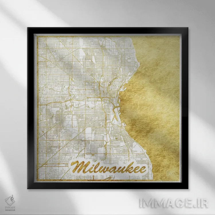 تابلو نقشه شهری میلواکی با ورق طلا اثر هوبرت روگوسکی - نمای قابدار مشکی