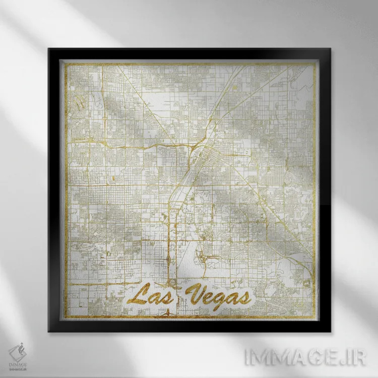 تابلو نقشه شهری لاس وگاس با ورق طلا اثر هوبرت روگوسکی - نمای قابدار مشکی