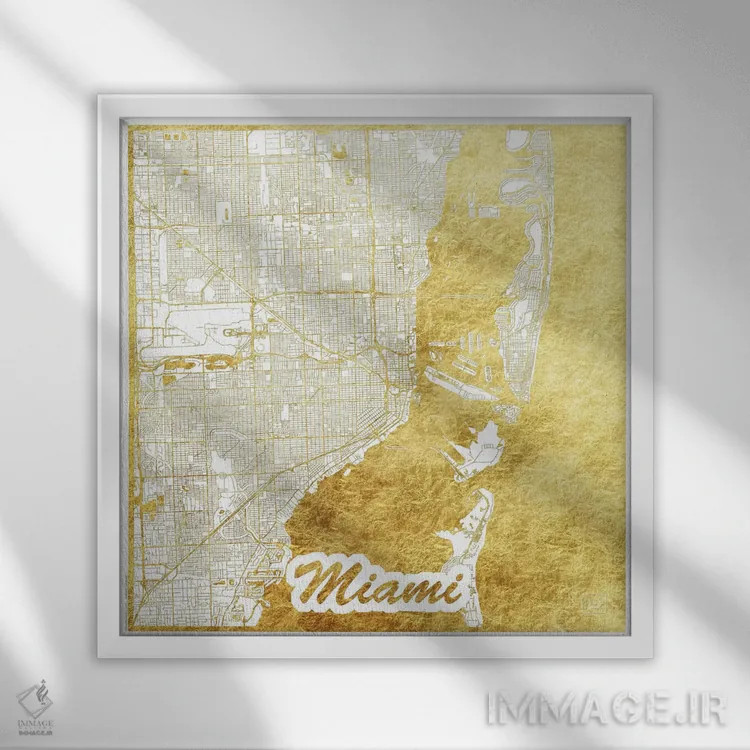 تابلو نقشه شهری میامی با ورق طلا اثر هوبرت روگوسکی - نمای قابدار سفید