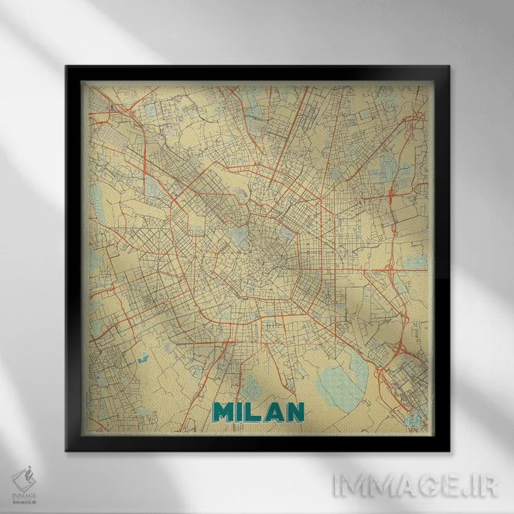 تابلو نقشه شهری میلان با طراحی رترو اثر هوبرت روگوسکی - نمای قابدار مشکی