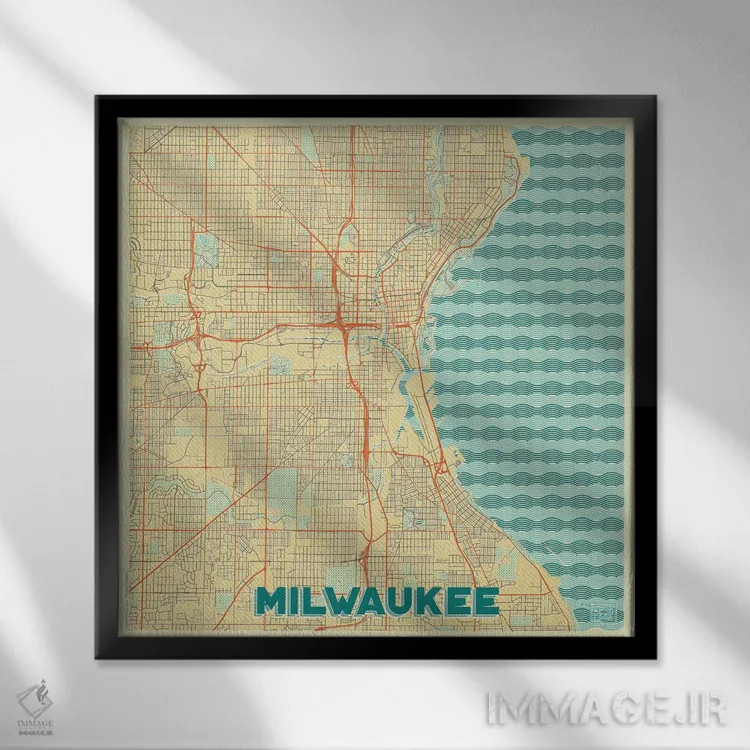تابلو نقشه شهری میلواکی با طراحی رترو اثر هوبرت روگوسکی - نمای قابدار مشکی