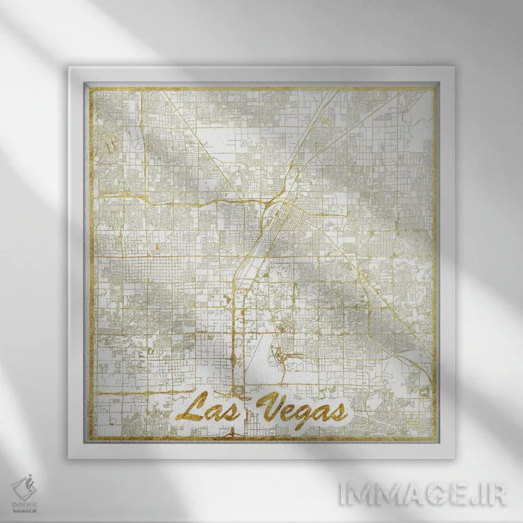 تابلو نقشه شهری لاس وگاس با ورق طلا اثر هوبرت روگوسکی - نمای قابدار سفید