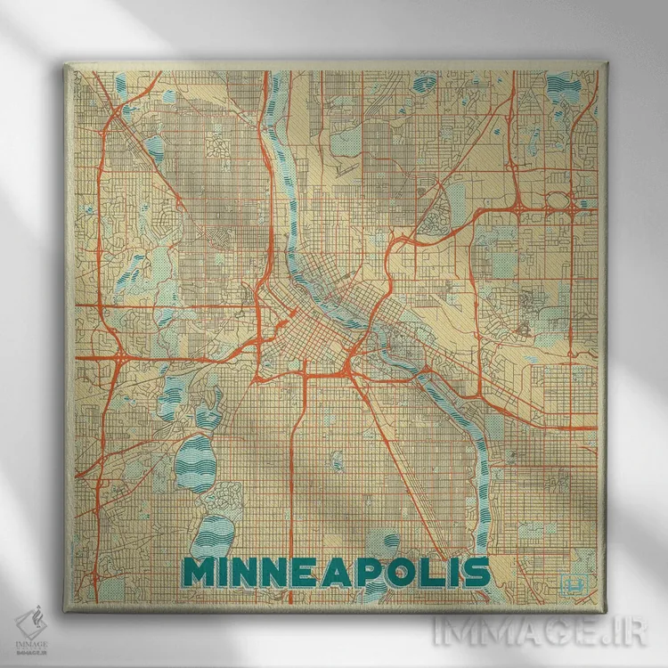 تابلو نقشه شهری مینیاپولیس با طراحی رترو اثر هوبرت روگوسکی - نمای روبهرو روی دیوار