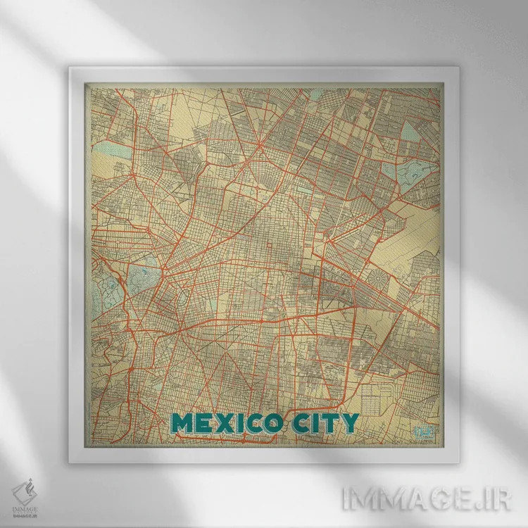 تابلو نقشه شهری مکزیکوسیتی با طراحی رترو اثر هوبرت روگوسکی - نمای قابدار سفید