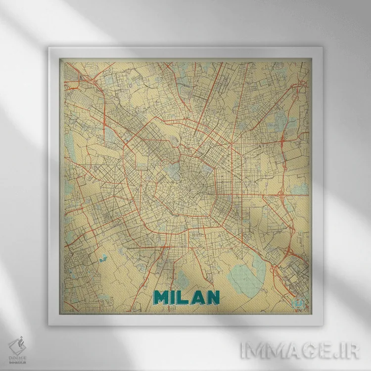 تابلو نقشه شهری میلان با طراحی رترو اثر هوبرت روگوسکی - نمای قابدار سفید
