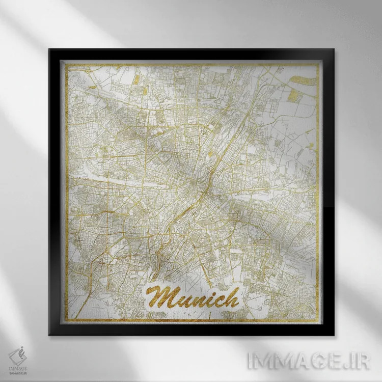 تابلو نقشه شهری با ورق طلای مونیخ اثر هوبرت روگوسکی - نمای قابدار مشکی