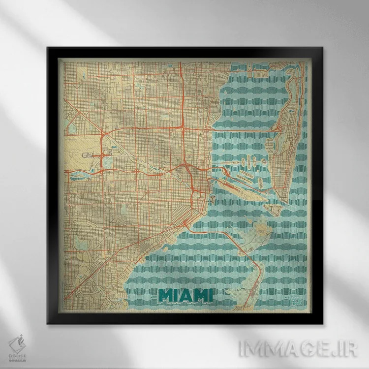 تابلو نقشه شهری میامی با طراحی رترو اثر هوبرت روگوسکی - نمای قابدار مشکی
