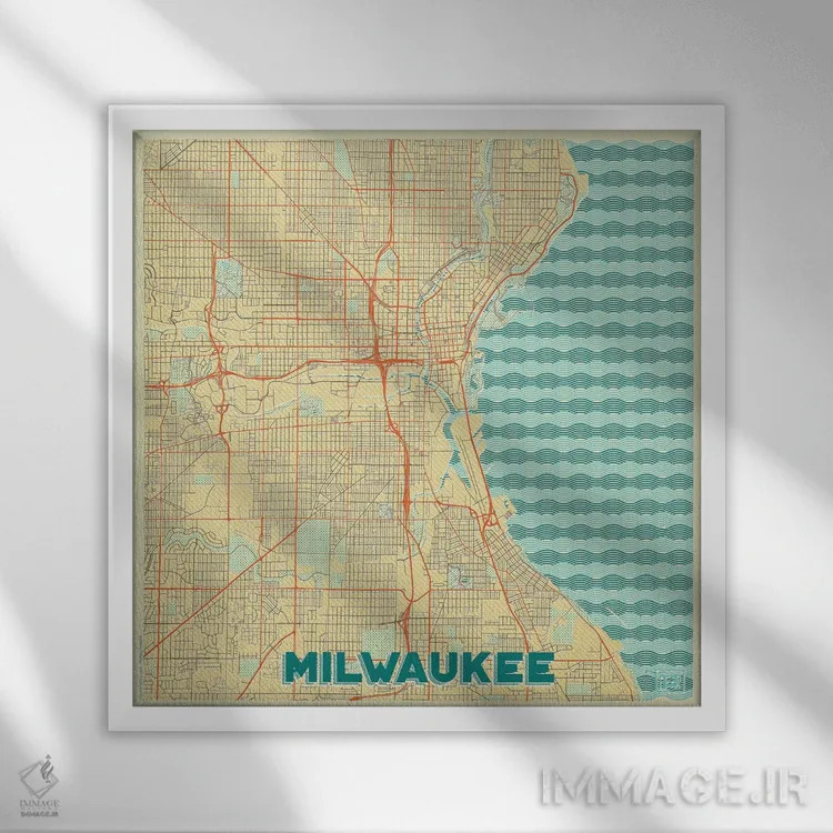 تابلو نقشه شهری میلواکی با طراحی رترو اثر هوبرت روگوسکی - نمای قابدار سفید