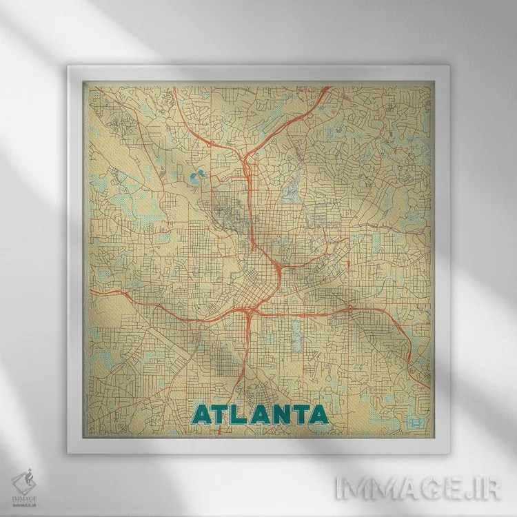 تابلو نقشه شهری آتلانتا با طراحی رترو اثر هوبرت روگوسکی - نمای قابدار سفید