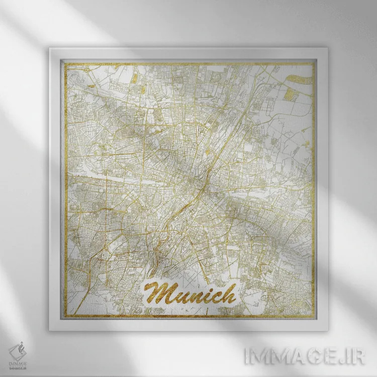تابلو نقشه شهری با ورق طلای مونیخ اثر هوبرت روگوسکی - نمای قابدار سفید