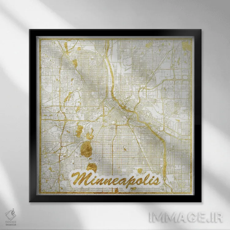 تابلو نقشه شهری مینیاپولیس با ورق طلا اثر هوبرت روگوسکی - نمای قابدار مشکی