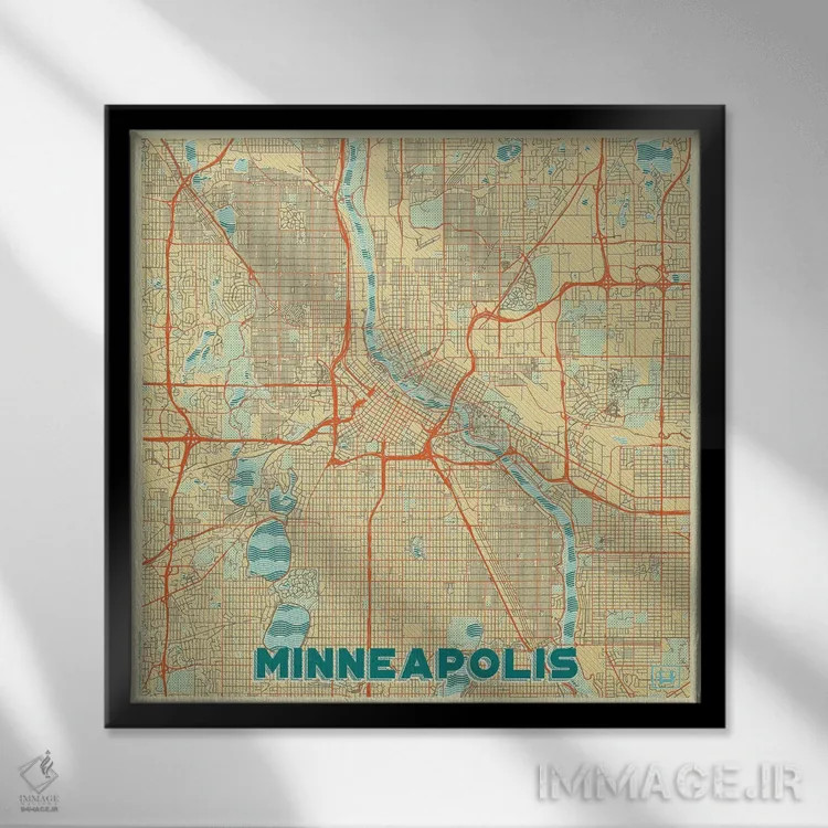 تابلو نقشه شهری مینیاپولیس با طراحی رترو اثر هوبرت روگوسکی - نمای قابدار مشکی