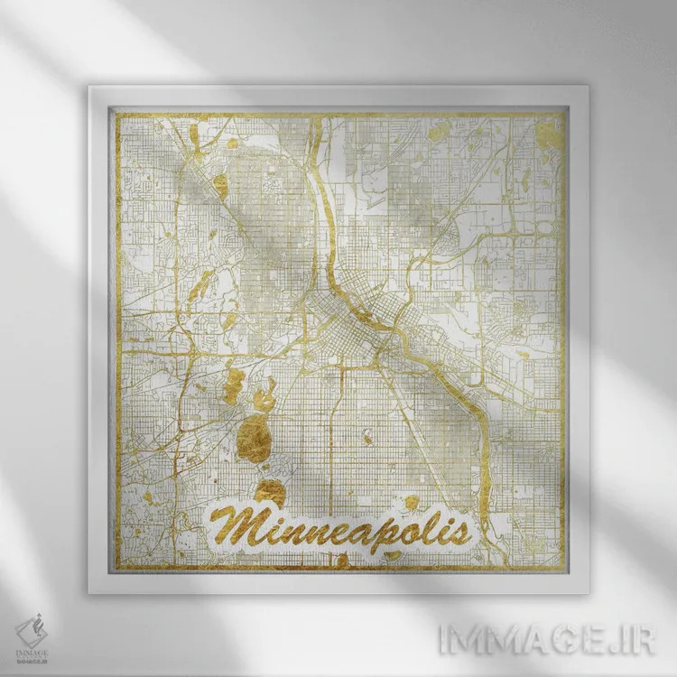 تابلو نقشه شهری مینیاپولیس با ورق طلا اثر هوبرت روگوسکی - نمای قابدار سفید