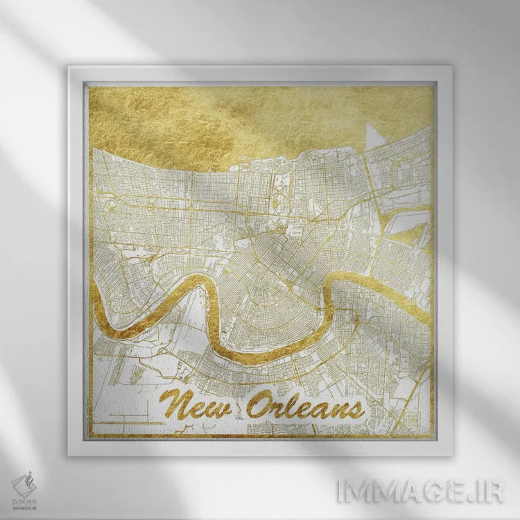 تابلو نقشه شهری با ورق طلای نیواورلئان اثر هوبرت روگوسکی - نمای قابدار سفید