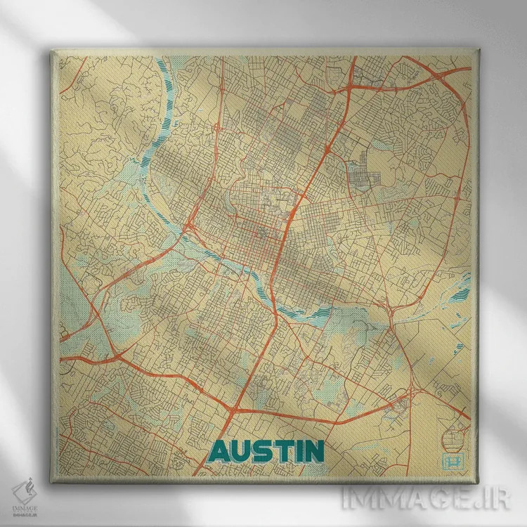 تابلو نقشه شهری رترو آستین اثر هوبرت روگوسکی - نمای روبهرو روی دیوار