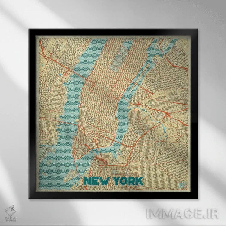 تابلو نقشه شهری رترو نیویورک اثر هوبرت روگوسکی - نمای قابدار مشکی