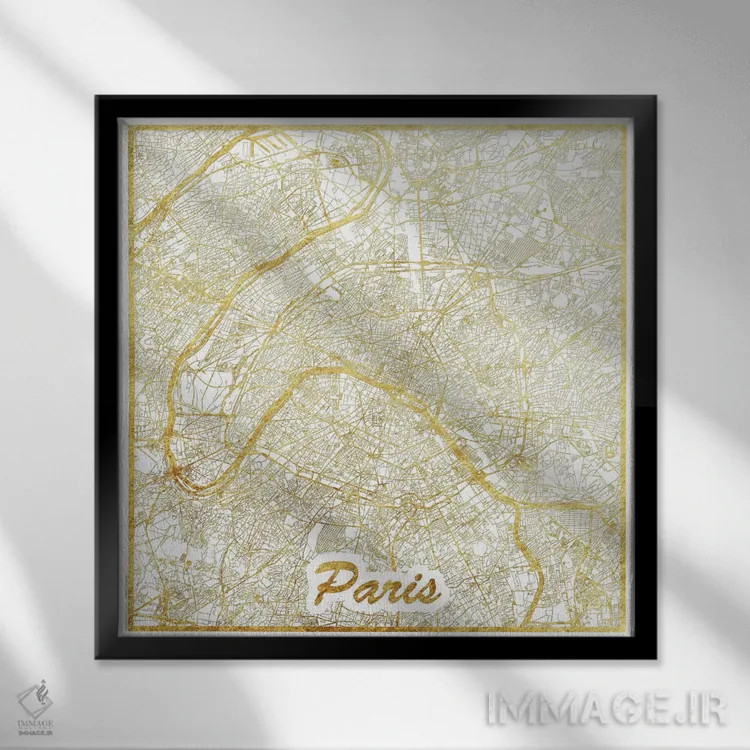 تابلو نقشه شهری با ورق طلای پاریس (فرانسه) اثر هوبرت روگوسکی - نمای قابدار مشکی