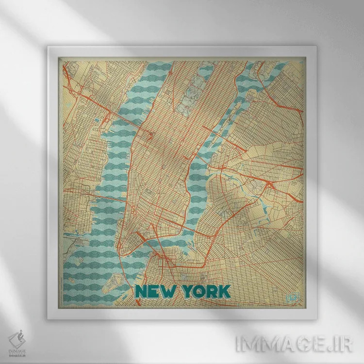 تابلو نقشه شهری رترو نیویورک اثر هوبرت روگوسکی - نمای قابدار سفید