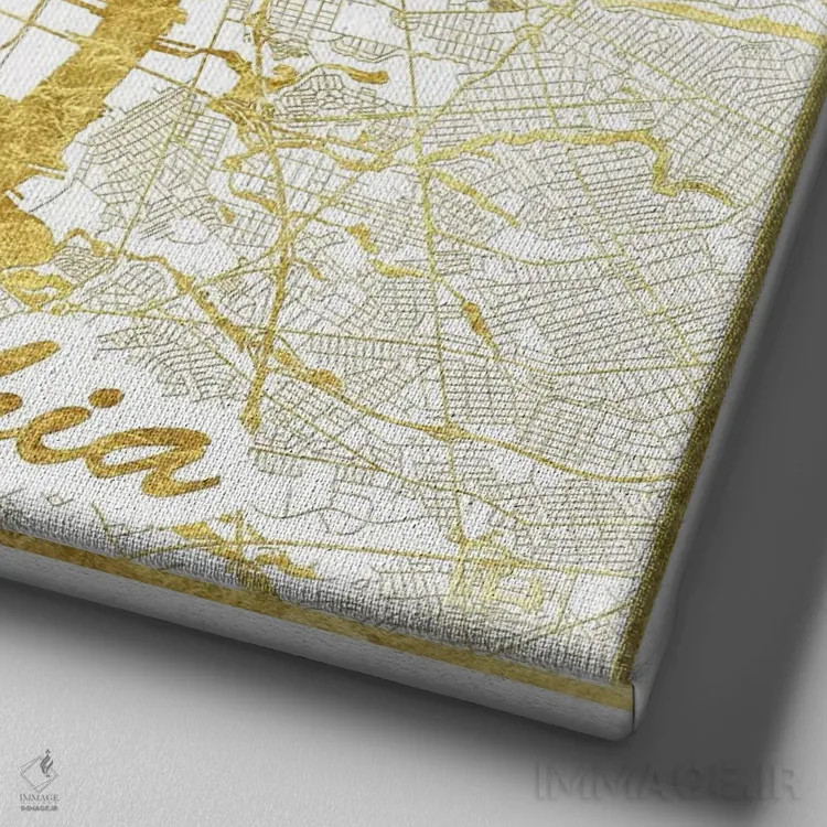 تابلو نقشه شهری با ورق طلای فیلادلفیا اثر هوبرت روگوسکی - نمای نزدیک بافت بوم