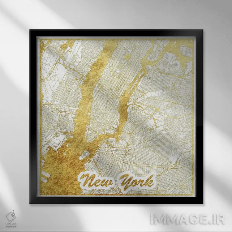 تابلو نقشه شهری با ورق طلای نیویورک اثر هوبرت روگوسکی - نمای قابدار مشکی