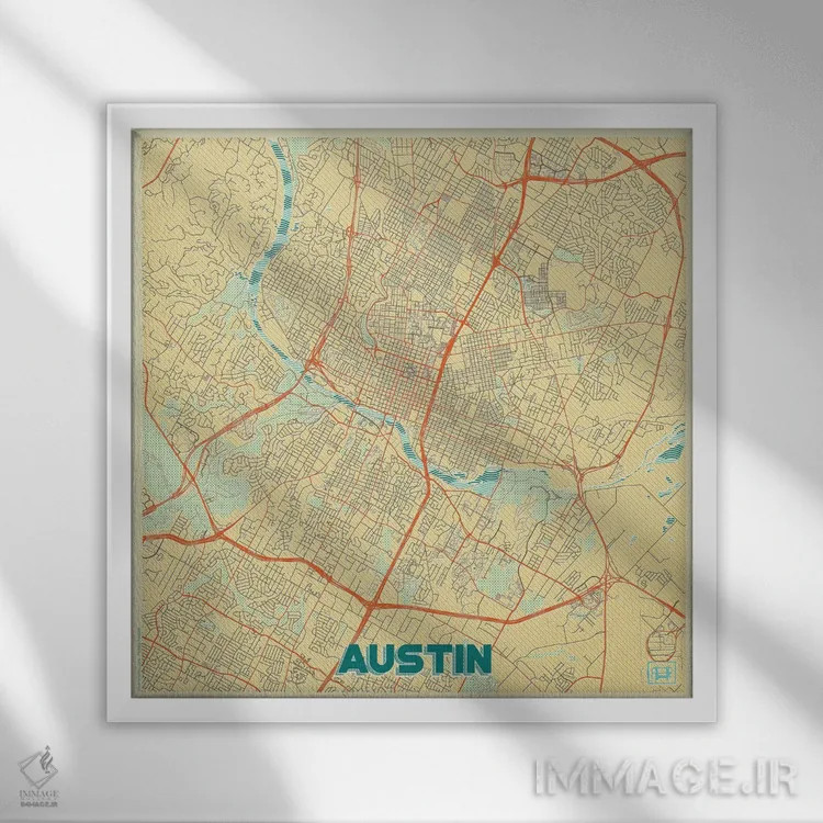 تابلو نقشه شهری رترو آستین اثر هوبرت روگوسکی - نمای قابدار سفید