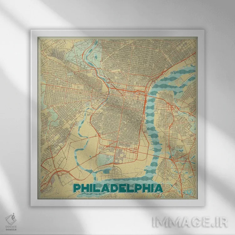 تابلو نقشه شهری رترو فیلادلفیا اثر هوبرت روگوسکی - نمای قابدار سفید