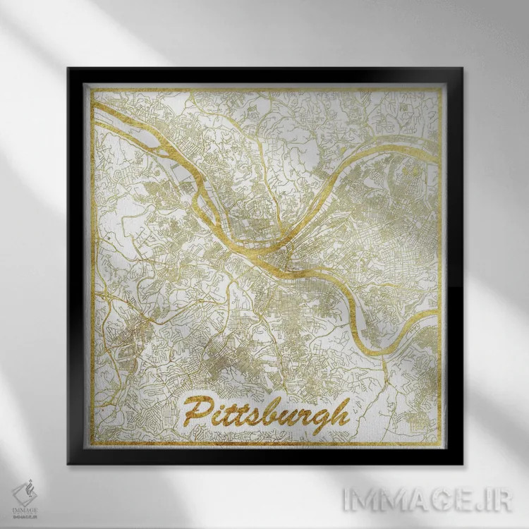 تابلو نقشه طرح شهری با برگ طلا پیتسبورگ اثر هوبرت روگوسکی - نمای قابدار مشکی