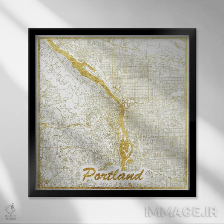 تابلو نقشه طرح شهری با برگ طلا پورتلند اثر هوبرت روگوسکی - نمای قابدار مشکی