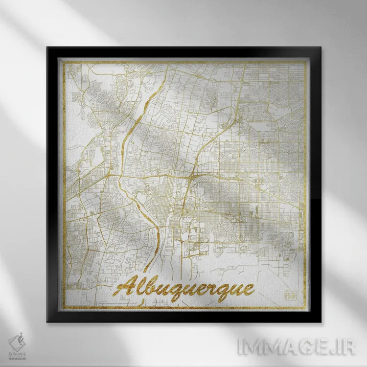 تابلو نقشه طرح شهری با برگ طلا آلبوکرکی اثر هوبرت روگوسکی - نمای قابدار مشکی