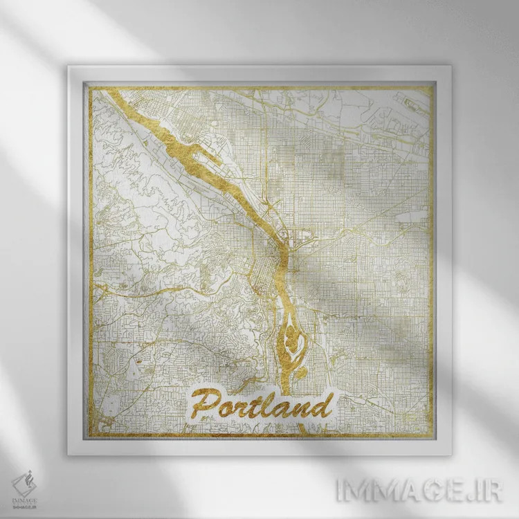 تابلو نقشه طرح شهری با برگ طلا پورتلند اثر هوبرت روگوسکی - نمای قابدار سفید