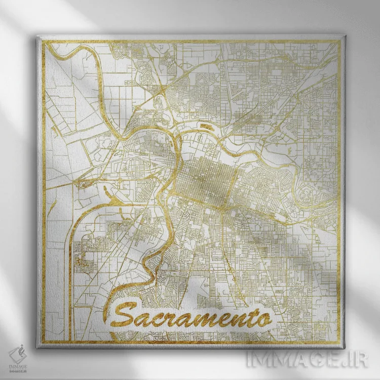 تابلو نقشه طرح شهری با برگ طلا ساکرامنتو اثر هوبرت روگوسکی - نمای روبهرو روی دیوار