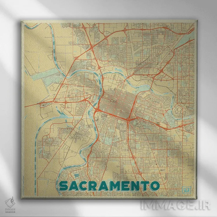 تابلو نقشه طرح شهری رترو ساکرامنتو اثر هوبرت روگوسکی - نمای روبهرو روی دیوار