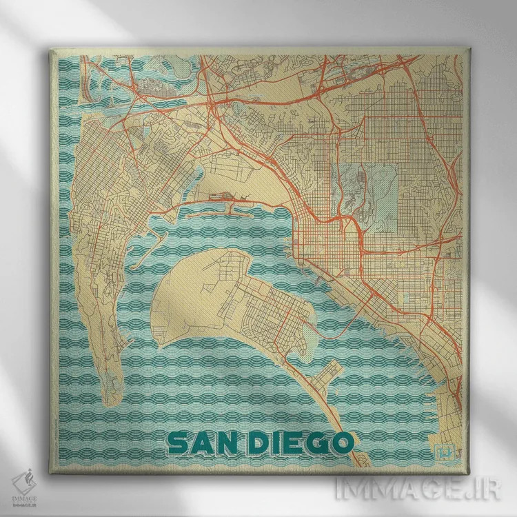 تابلو نقشه طرح شهری رترو سن دیگو اثر هوبرت روگوسکی - نمای روبهرو روی دیوار