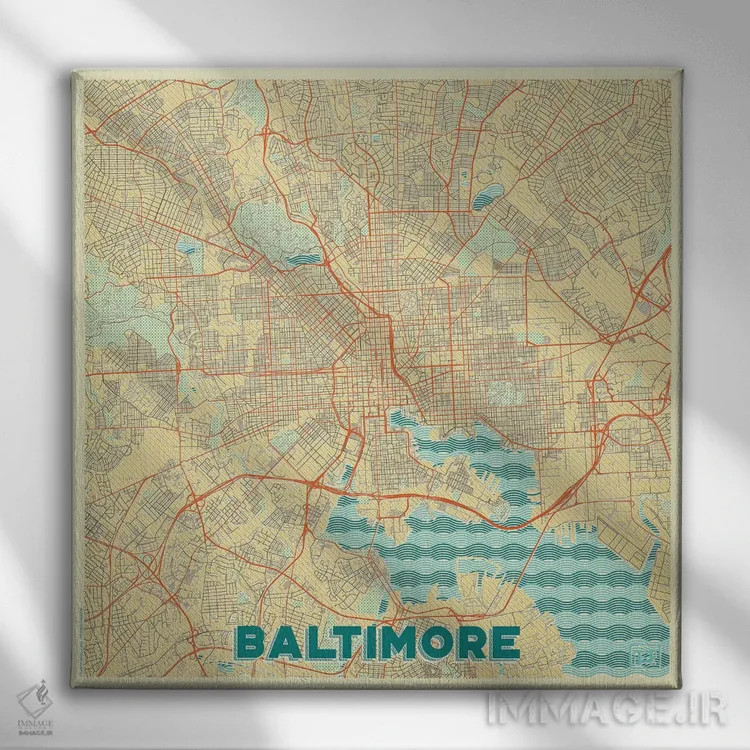 تابلو نقشه طرح شهری رترو بالتیمور اثر هوبرت روگوسکی - نمای روبهرو روی دیوار
