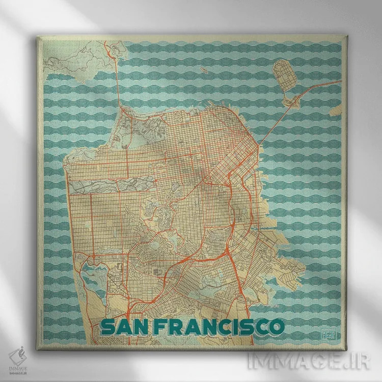 تابلو نقشه طرح شهری رترو سان فرانسیسکو اثر هوبرت روگوسکی - نمای روبهرو روی دیوار