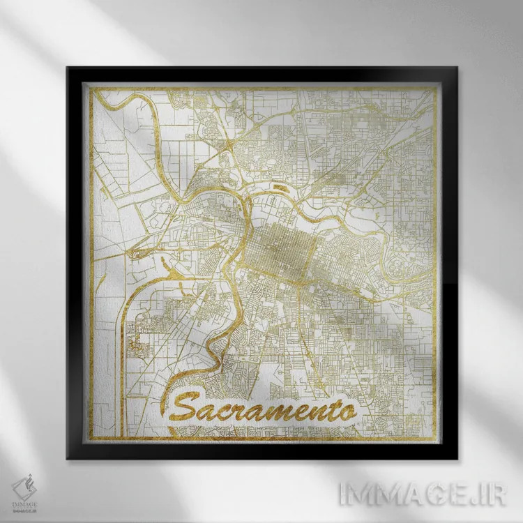 تابلو نقشه طرح شهری با برگ طلا ساکرامنتو اثر هوبرت روگوسکی - نمای قابدار مشکی