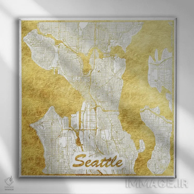 تابلو نقشه طرح شهری با برگ طلا سیاتل اثر هوبرت روگوسکی - نمای روبهرو روی دیوار