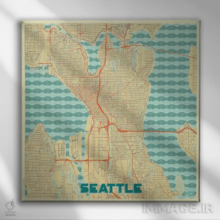 تابلو نقشه طرح شهری رترو سیاتل اثر هوبرت روگوسکی - نمای روبهرو روی دیوار