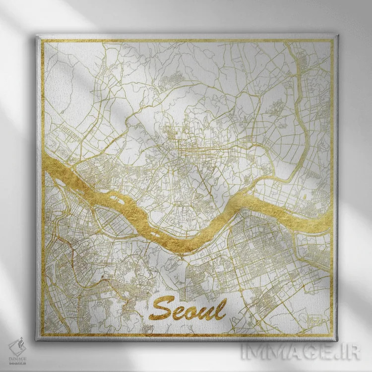 تابلو نقشه طرح شهری با برگ طلا سئول اثر هوبرت روگوسکی - نمای روبهرو روی دیوار