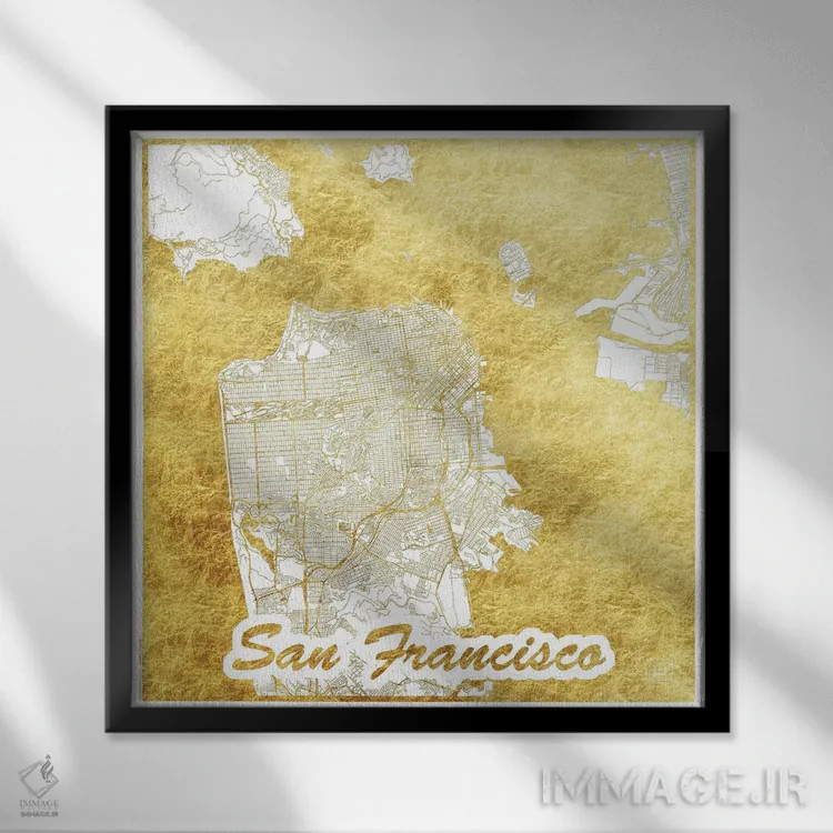 تابلو نقشه طرح شهری با برگ طلا سان فرانسیسکو اثر هوبرت روگوسکی - نمای قابدار مشکی